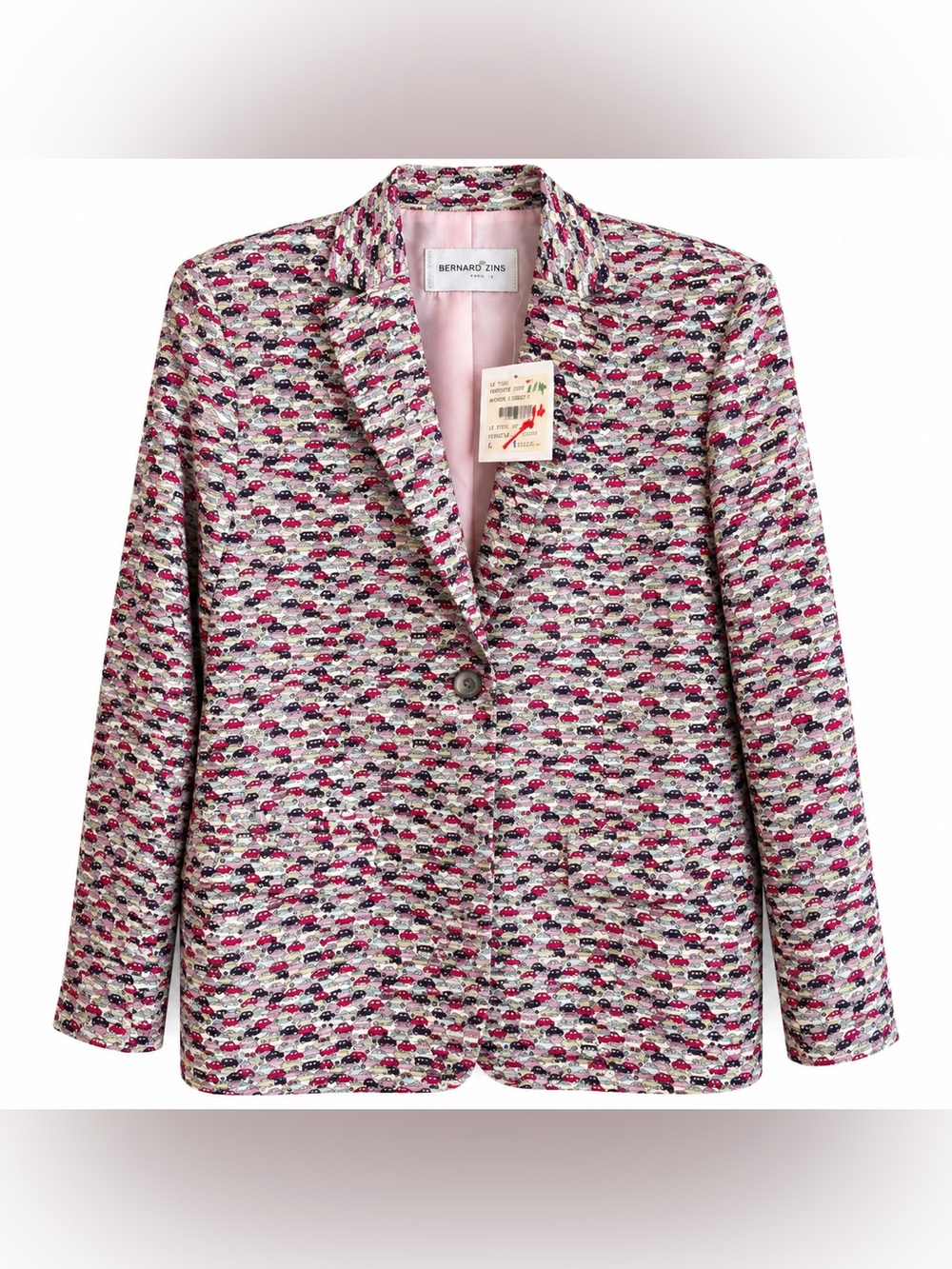 Vintage Bernard Zins Paris Car Print Blazer Jacket Sz 8 Made in France RARE